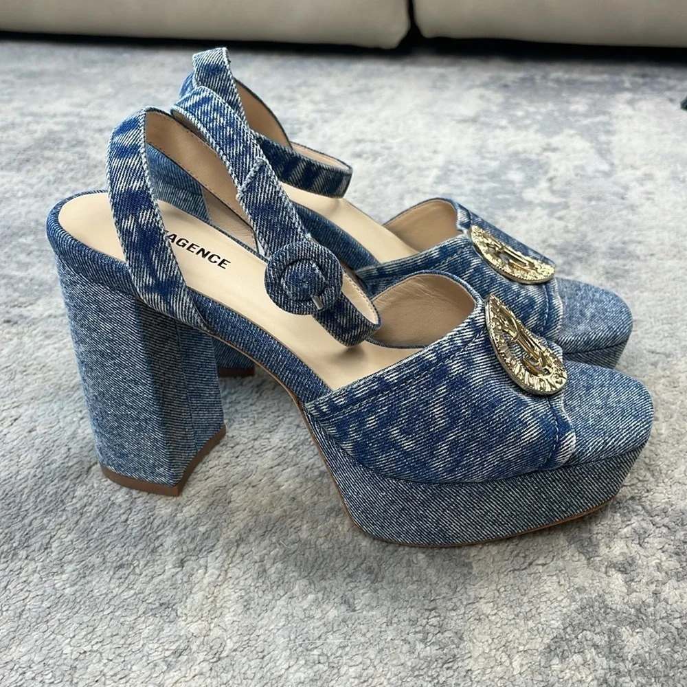 New L’Agence Andree Denim Nautical Anchor Platform Sandal Blue Jean Sz 6